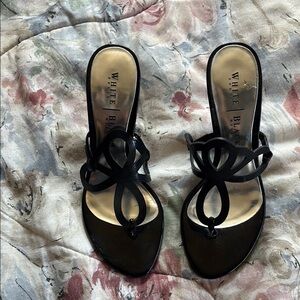 White House Black Market Black Heeled Mules with Strappy Design
